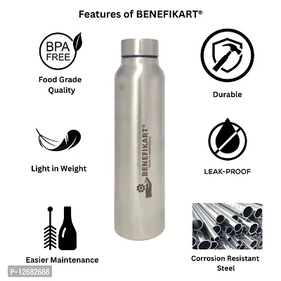 BENEFIKART? Stainless Steel Single Walled Water Bottle| Premium Food Grade Powder Coated Coloured Surface| Durable, Lightweight, Leakproof| Matt Finish, 950 ml Capacity (1 Litre / 950ml, Silver, 1)-thumb3