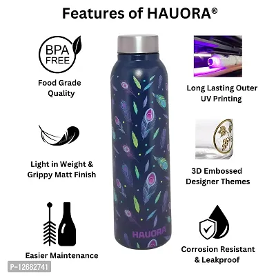 HAUORA? Stainless Steel Water Bottle,3D Embossed UV Printed,Matt Finish| Single Walled| Designer Theme| Suitable for both Indoor  Outdoor, Leakproof,1000ml (Peacock Feather Violet (BLUE), 1)-thumb5