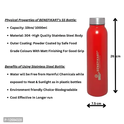 BENEFIKART? Stainless Steel Single Walled Water Bottle| Premium Food Grade Powder Coated Coloured Surface| Durable, Lightweight, Leakproof| Matt Finish, 950 ml Capacity (1 Litre / 950ml, Red, 1)-thumb4