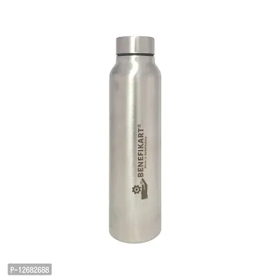 BENEFIKART? Stainless Steel Single Walled Water Bottle| Premium Food Grade Powder Coated Coloured Surface| Durable, Lightweight, Leakproof| Matt Finish, 950 ml Capacity (1 Litre / 950ml, Silver, 1)-thumb0