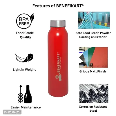 BENEFIKART? Stainless Steel Single Walled Water Bottle| Premium Food Grade Powder Coated Coloured Surface| Durable, Lightweight, Leakproof| Matt Finish, 950 ml Capacity (1 Litre / 950ml, Red, 1)-thumb3