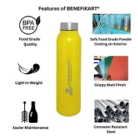 BENEFIKART? Stainless Steel Single Walled Water Bottle| Premium Food Grade Powder Coated Coloured Surface| Durable, Lightweight, Leakproof| Matt Finish, 950 ml Capacity (1 Litre / 950ml, Yellow, 1)-thumb2