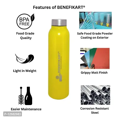 BENEFIKART? Stainless Steel Single Walled Water Bottle| Premium Food Grade Powder Coated Coloured Surface| Durable, Lightweight, Leakproof| Matt Finish, 950 ml Capacity (1 Litre / 950ml, Yellow, 1)-thumb3