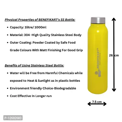 BENEFIKART? Stainless Steel Single Walled Water Bottle| Premium Food Grade Powder Coated Coloured Surface| Durable, Lightweight, Leakproof| Matt Finish, 950 ml Capacity (1 Litre / 950ml, Yellow, 1)-thumb4