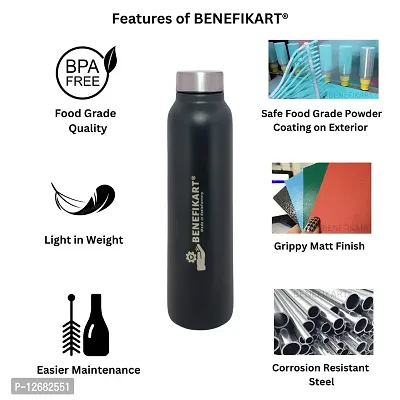 BENEFIKART? Stainless Steel Single Walled Water Bottle| Premium Food Grade Powder Coated Coloured Surface| Durable, Lightweight, Leakproof| Matt Finish, 950 ml Capacity (1 Litre / 950ml, Black, 1)-thumb3