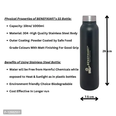 BENEFIKART? Stainless Steel Single Walled Water Bottle| Premium Food Grade Powder Coated Coloured Surface| Durable, Lightweight, Leakproof| Matt Finish, 950 ml Capacity (1 Litre / 950ml, Black, 1)-thumb4