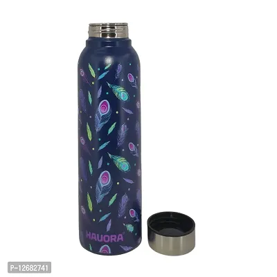 HAUORA? Stainless Steel Water Bottle,3D Embossed UV Printed,Matt Finish| Single Walled| Designer Theme| Suitable for both Indoor  Outdoor, Leakproof,1000ml (Peacock Feather Violet (BLUE), 1)-thumb2