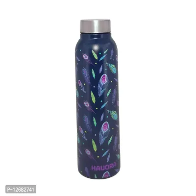 HAUORA? Stainless Steel Water Bottle,3D Embossed UV Printed,Matt Finish| Single Walled| Designer Theme| Suitable for both Indoor  Outdoor, Leakproof,1000ml (Peacock Feather Violet (BLUE), 1)