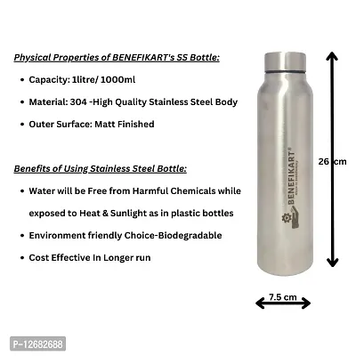 BENEFIKART? Stainless Steel Single Walled Water Bottle| Premium Food Grade Powder Coated Coloured Surface| Durable, Lightweight, Leakproof| Matt Finish, 950 ml Capacity (1 Litre / 950ml, Silver, 1)-thumb4