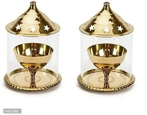 Brass And Glass Akhand Diya/Oil Lamp/Pooja Deepak 4.8 Inch, Medium- Pack Of 2-thumb0