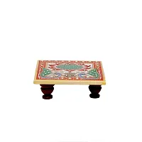 HouseHold Hub Handicraft Home Decor Designer Decorative Marble Pooja Small Chowki with Printed Peacock and Flower Design for Puja Room, Home and Office (Multicolour, 4x4 Inch)-thumb1