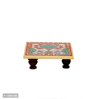 HouseHold Hub Handicraft Home Decor Designer Decorative Marble Pooja Small Chowki with Printed Peacock and Flower Design for Puja Room, Home and Office (Multicolour, 4x4 Inch)-thumb2