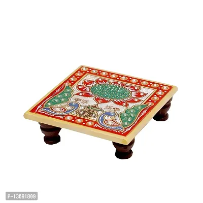 HouseHold Hub Handicraft Home Decor Designer Decorative Marble Pooja Small Chowki with Printed Peacock and Flower Design for Puja Room, Home and Office (Multicolour, 4x4 Inch)-thumb0