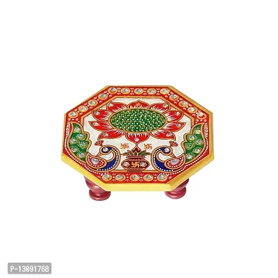 HOUSEHOLD HUB Marble Chowki Handcrafted Marble Chowki for All Purpose with Beautiful Design & Printed Floral for Home, Office and Puja Room Decor (Octagonal Peacock Design, 1)