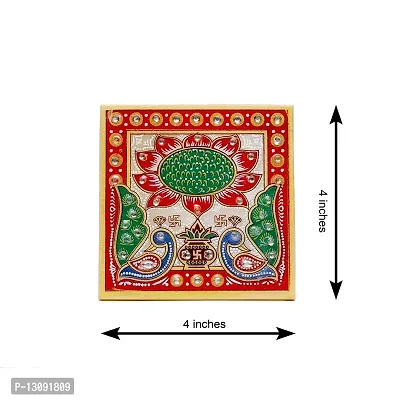 HouseHold Hub Handicraft Home Decor Designer Decorative Marble Pooja Small Chowki with Printed Peacock and Flower Design for Puja Room, Home and Office (Multicolour, 4x4 Inch)-thumb3