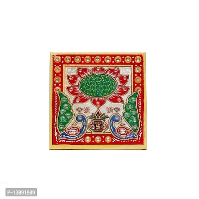 HouseHold Hub Handicraft Home Decor Designer Decorative Marble Pooja Small Chowki with Printed Peacock and Flower Design for Puja Room, Home and Office (Multicolour, 4x4 Inch)-thumb4