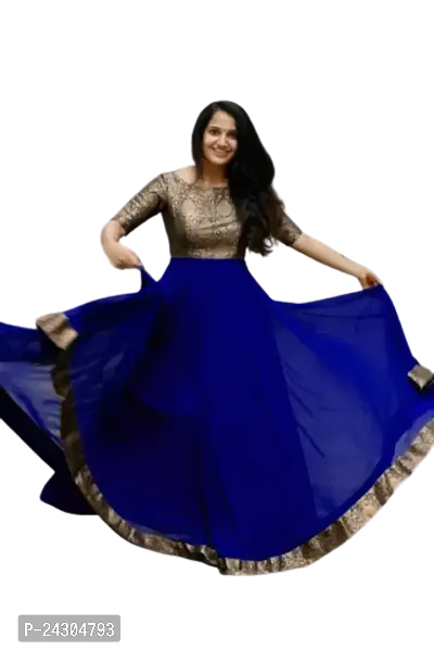 Stylish Indo-western Blue Solid Cotton Gown For Women