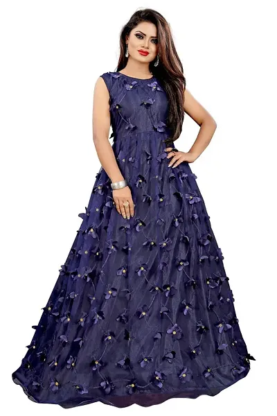 JULEE Women's Net Embroidered Semi-Stitched Gown-Titli Gown-JULEE