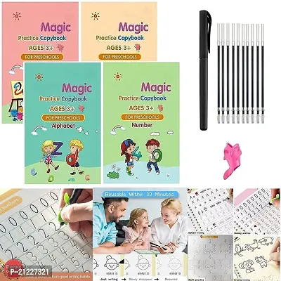 Magic Practice Copybook, (4 Book + 10 Refill+ 2 Pen +2 Grip) Number Tracing Book for Preschoolers with Pen, Magic Calligraphy Copybook Set