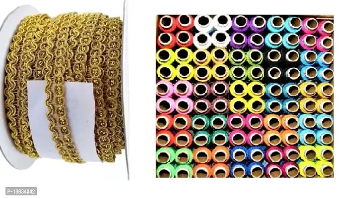 Multicoloured Sewing Thread With 10 Meter Golden Lace for Dresses, Sarees, Lehenga, Suits, Bags, Decorations, Borders, Crafts and Home D&eacute;cor,Blouse