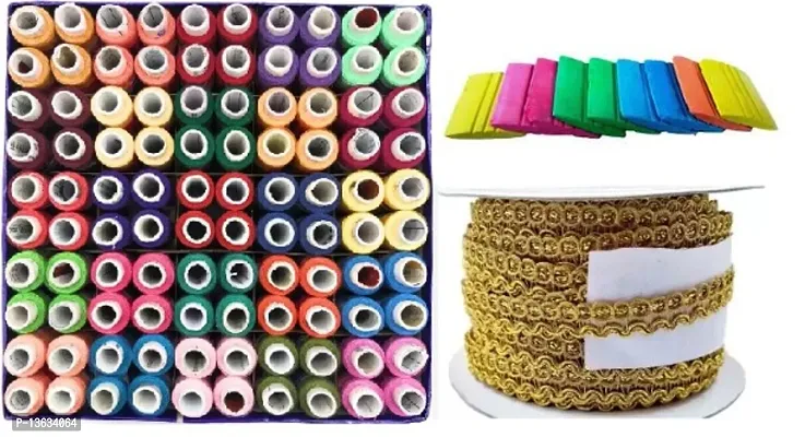 Multicoloured Sewing Thread With 10 Meter Golden Lace  10 Pcs Tailoring Chalk for Dresses, Sarees, Lehenga, Suits, Bags, Decorations, Borders, Crafts and Home D&eacute;cor,Blouse