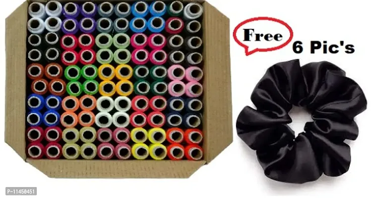Sewing Thread 100% Spun Polyester Sewing Thread 100 Tubes (25 Shades 4 Tube Each) Ladies Special Thread With 6 Pcs Black Hair Schrunchies-thumb0