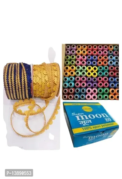 Super Moon Multi color thread for sewing pack of 100  2mtr Blue  2mtr Golden lace .