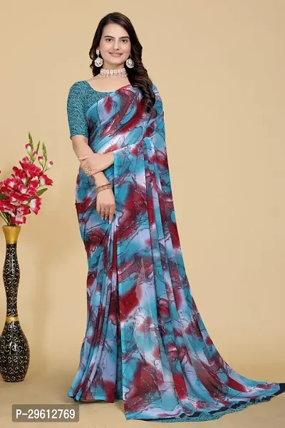 Stylish Sky Blue Georgette Saree With Blouse Piece For Women-thumb0