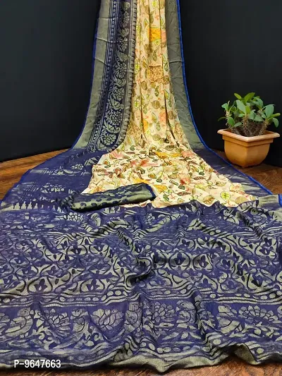 Elegant Brasso Navy Blue Printed Saree with Blouse Piece For Women