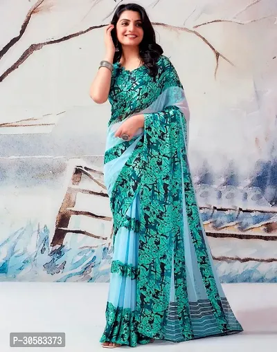 Stylish Blue Georgette Printed Bollywood Saree With Blouse Piece For Women-thumb0