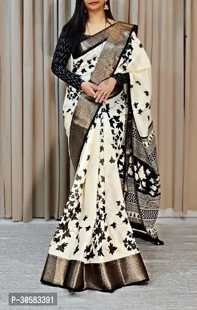 Stylish Beige Silk Printed Bollywood Saree With Blouse Piece For Women