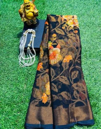 Chiffon Brasso Silk Floral Print Zari Woven Sarees with Blouse Piece