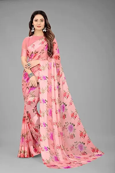 Trendy Satin Patta Printed Saree with Blouse piece