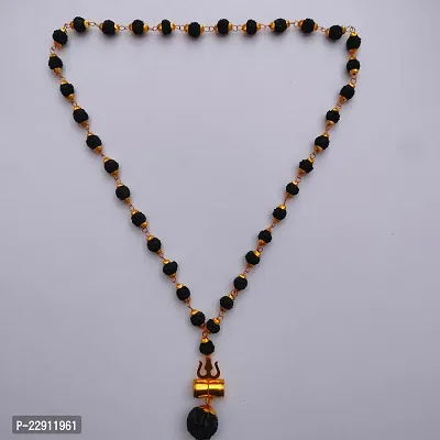 Gold-Plated Brass, Lord Shiv Trishul Damru Locket Rudraksha Mala For Men And Women (Black)