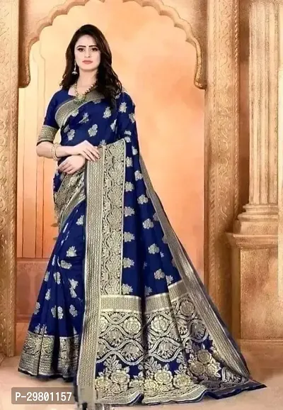 Stylish Navy Blue Banarasi Silk Saree with Blouse piece For Women-thumb0