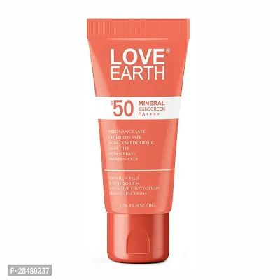 Love Earth Mineral Sunscreen SPF 50 PA++++|No White Cast | UV Protection| Non-Oily| Non-Greasy| Paraben-Free| All Skin Types | For Women  Men | 50G