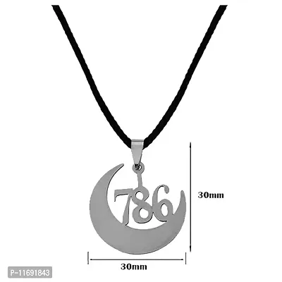 AFH Islamic Lucky Number 786 with Crescent Moon Cord Chain Silver Stainless Steel Pendant for Men and Women-thumb2