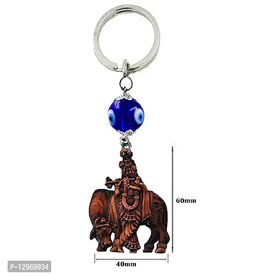 Lord Krishna with Cow Idol Evil Eye Religious Copper Keychain for Men and Women-thumb2