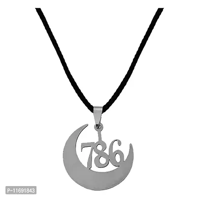 AFH Islamic Lucky Number 786 with Crescent Moon Cord Chain Silver Stainless Steel Pendant for Men and Women-thumb0