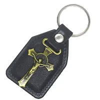 Lord Jesus Bronze Holy INRI Cross Black Leather Religious Key Chain for Men and Women-thumb1