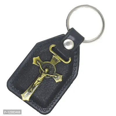 Lord Jesus Bronze Holy INRI Cross Black Leather Religious Key Chain for Men and Women-thumb2