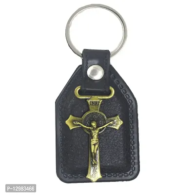 Lord Jesus Bronze Holy INRI Cross Black Leather Religious Key Chain for Men and Women