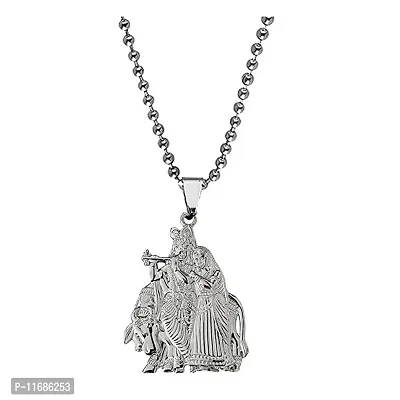 AFH Shri Radha Krishna Cow Silver Idol Religious Chain Pendant For Men,Women