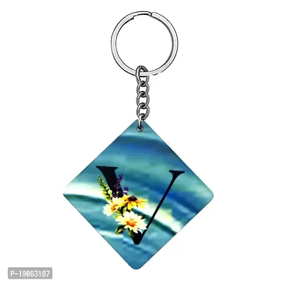 Alphabet V Flower Intial New Generation Love Charm Gift Blue Keychain for Men and Women-thumb0