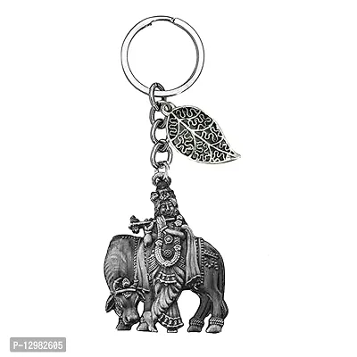 Lord Krishna with Cow Grey Lucky Leaf Charm Key Chain for Men and Women