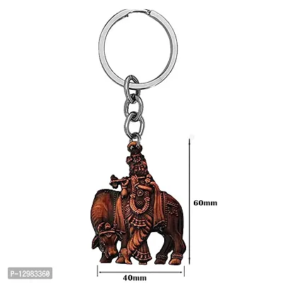 Lord Krishna with Cow Idol Copper Religious Keychain for Men and Women-thumb2