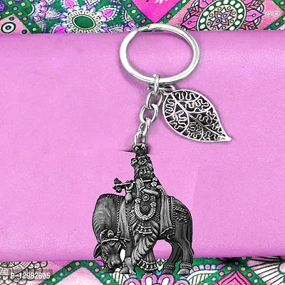 Lord Krishna with Cow Grey Lucky Leaf Charm Key Chain for Men and Women-thumb3