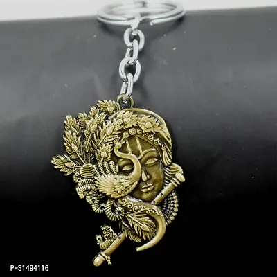 Lord Krishna Flute and Peacock Bronze Religious keychain for Men and Women-thumb0