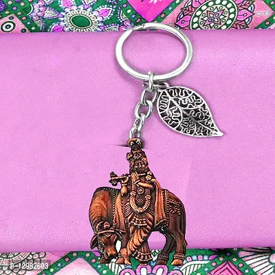 Lord Krishna with Cow Copper Lucky Leaf Charm Key Chain for Men and Women-thumb3