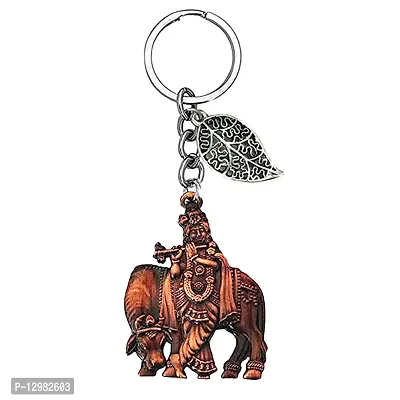 Lord Krishna with Cow Copper Lucky Leaf Charm Key Chain for Men and Women